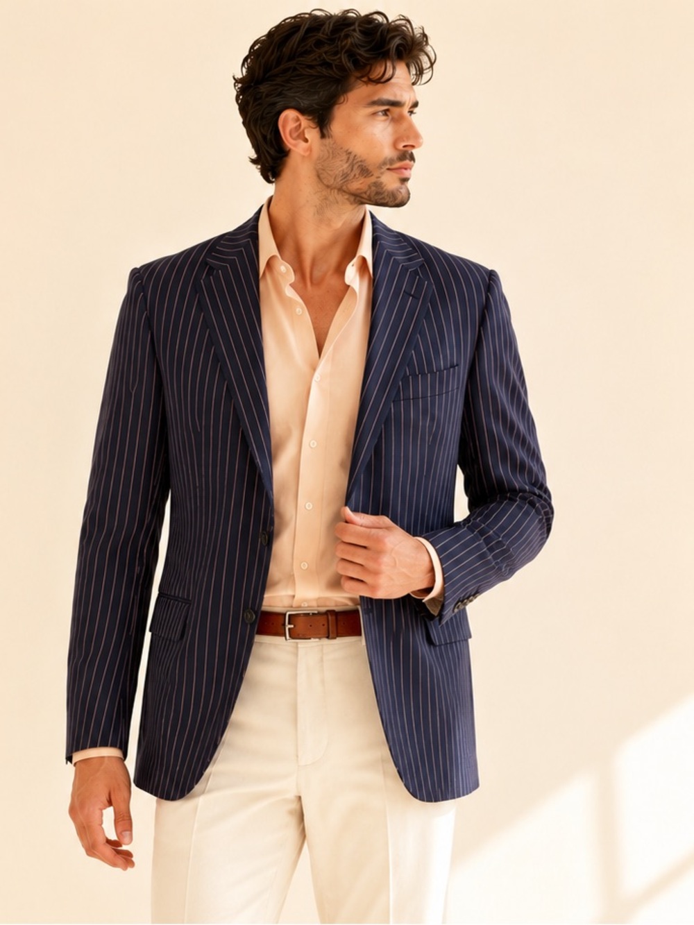 Hugo Boss Quiet Luxury Pinstripe Wool Blazer Guabello Navy/Nude 120s Size 40R